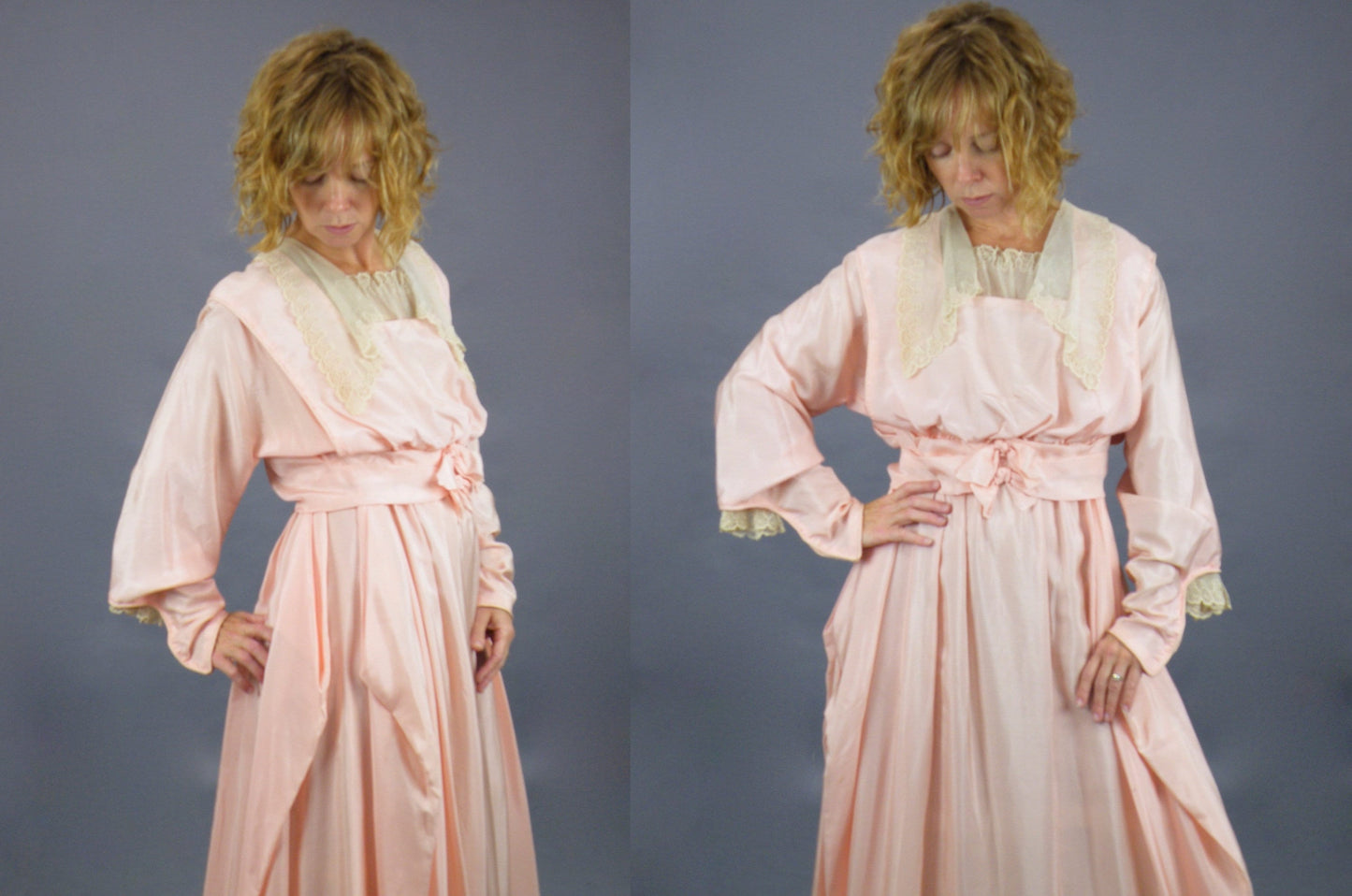 Antique Edwardian 1900s Pink Silk Dress with Lace Trim, Dagger Collar & Bishop Sleeves, XS