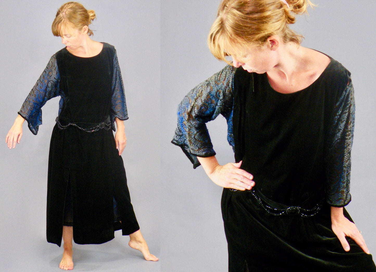 Antique Late 1910s–1920s Velvet Embroidered Flapper Dress with Sheer Sleeves, S–M