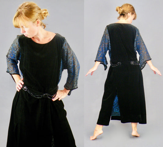 Antique Late 1910s–1920s Velvet Embroidered Flapper Dress with Sheer Sleeves, S–M
