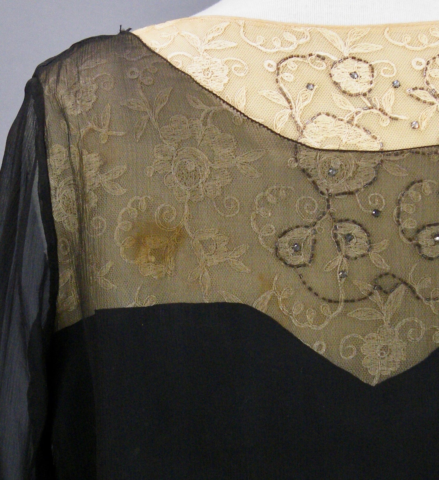 Vintage Late 1920s–1930s Sheer Black Silk Lace Bell Sleeve Art Deco Dress, Large