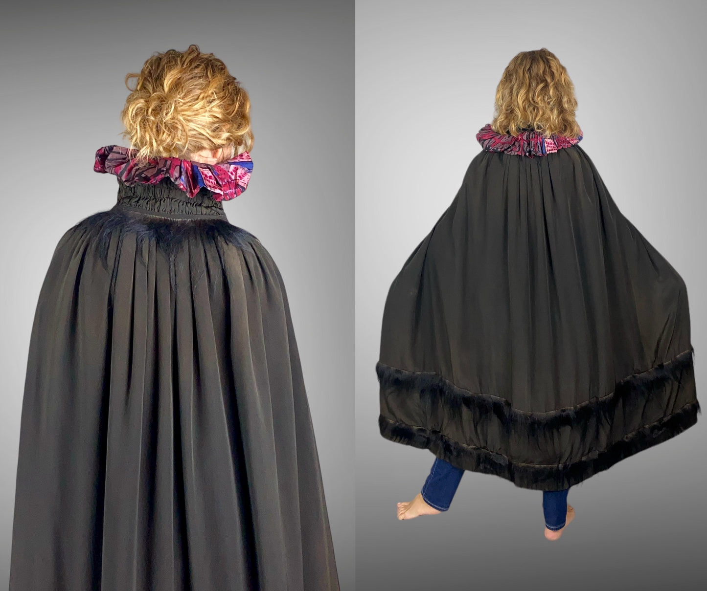 Vintage 1920s Geometric Batik Print Silk Opera Cape with Rhinestone Deco Clasp