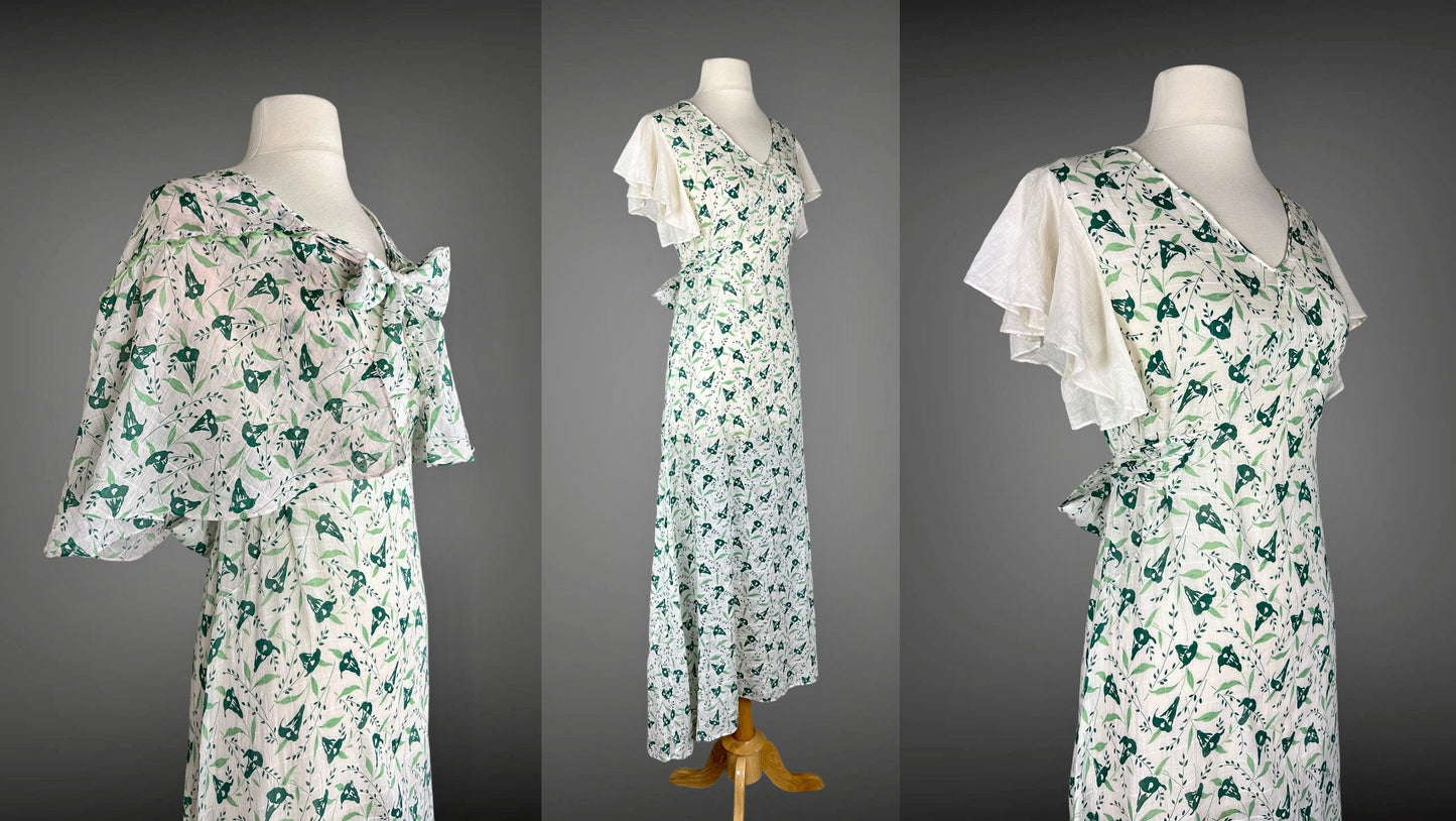 Vintage 1930s Green Floral Bias Cut Flutter Sleeve Dress and Cape, XS
