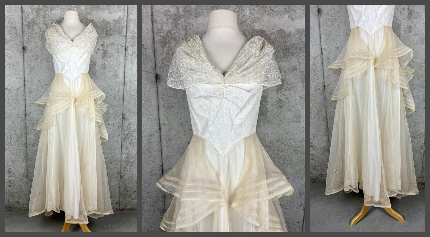 Vintage Late 1930s–1940s Wedding Dress, Satin & Net Lace Bridal Gown with Off-Shoulder Collar, Small