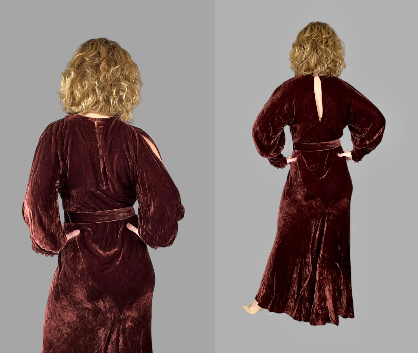 1930s Silk Velvet Dress, Vintage Copper Brown Bias Cut Gown with Cold Shoulders, NRA Label, XS–Small