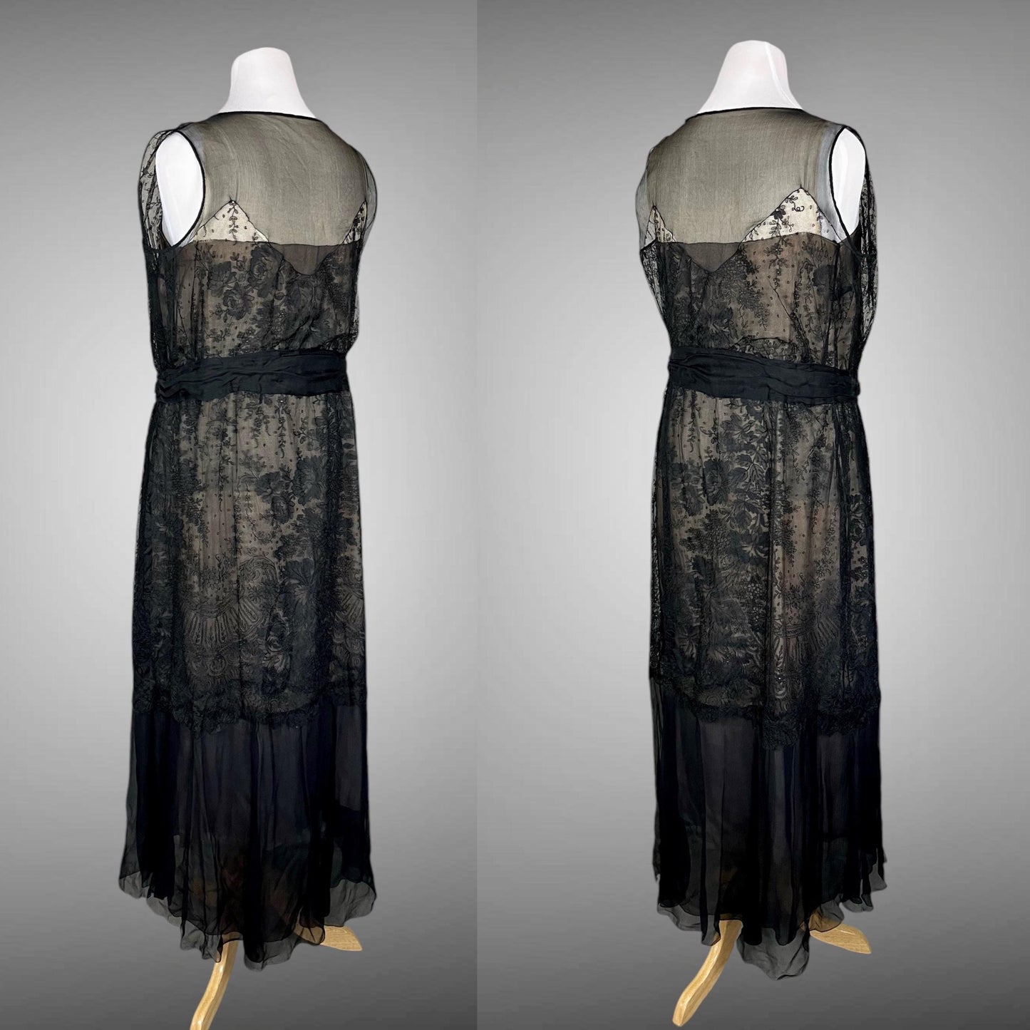 Vintage 1930s Black Silk Chiffon Chantilly Lace Evening Dress, Large
