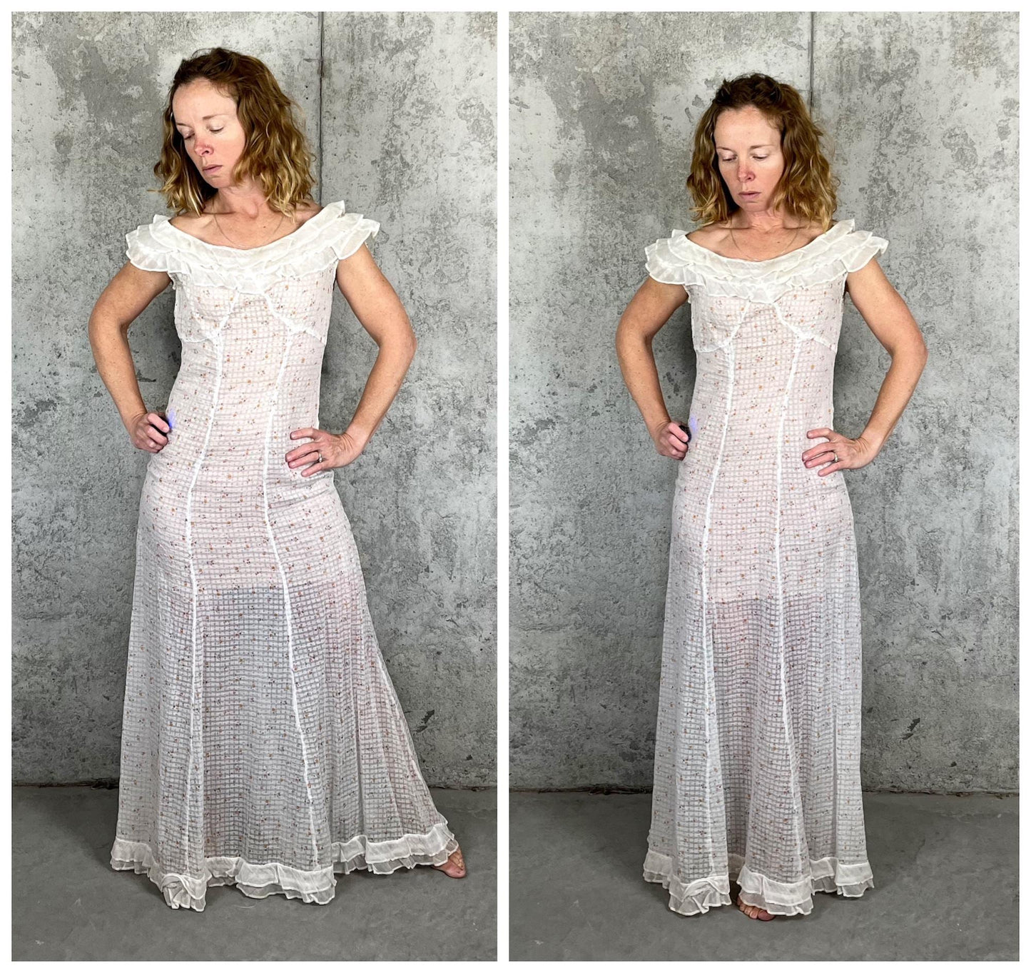 Vintage 1930s Sheer White Cotton Floral Print Bias Cut Dress with Ruffled Collar, XS