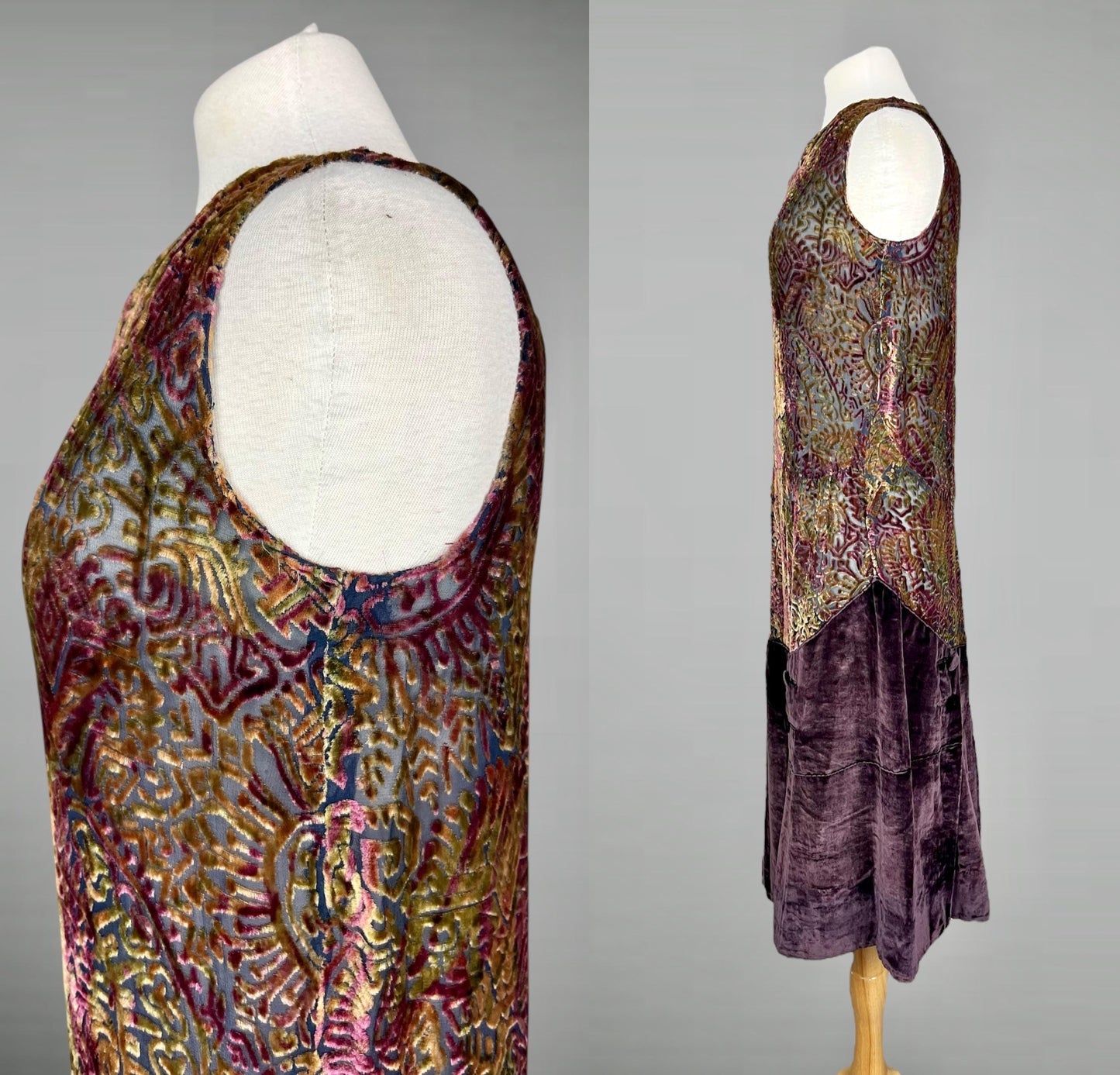 Vintage 1920s Devoré Burnout Silk Velvet Flapper Dress, Plum Gold & Olive, S