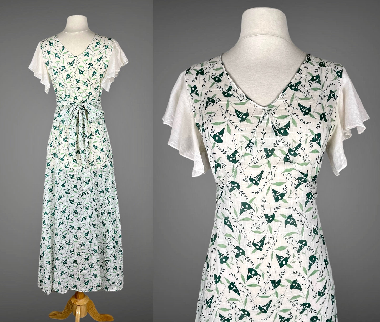 Vintage 1930s Green Floral Bias Cut Flutter Sleeve Dress and Cape, XS