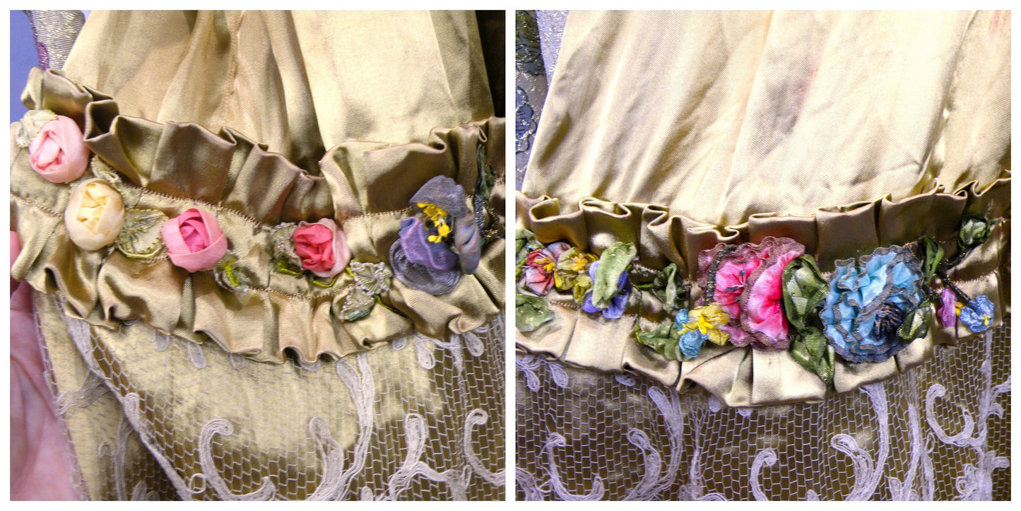 Antique 1910s Rococo Revival Evening Gown in Floral Lamé and Liquid Gold Silk with Ribbon Flowers and Lace Bell Sleeves, by Thurn Paris–New York, M - M/L