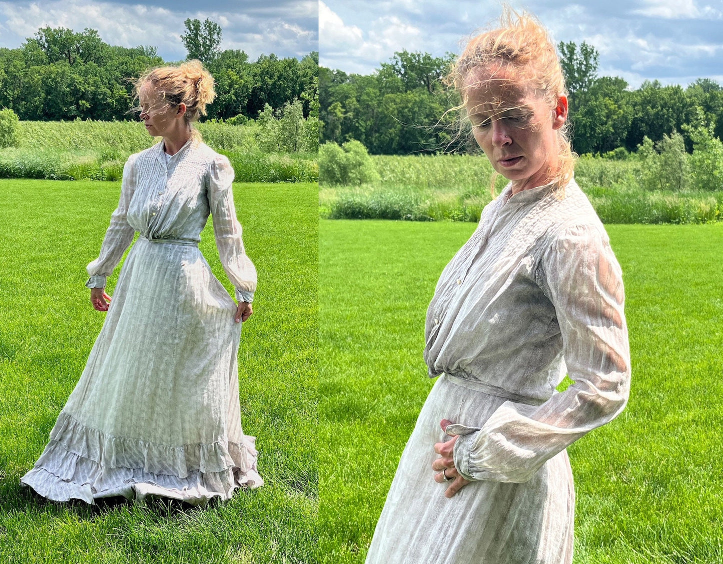 Antique Edwardian 1900s Printed Cotton Gibson Girl Dress, Tiered Skirt & Blouse Set, Small