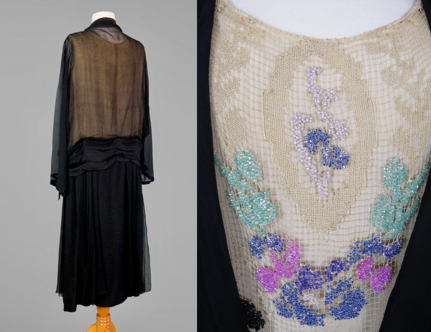 Vintage 1920s Beaded Net & Silk Dress, Art Deco Evening Gown, S/M - Medium