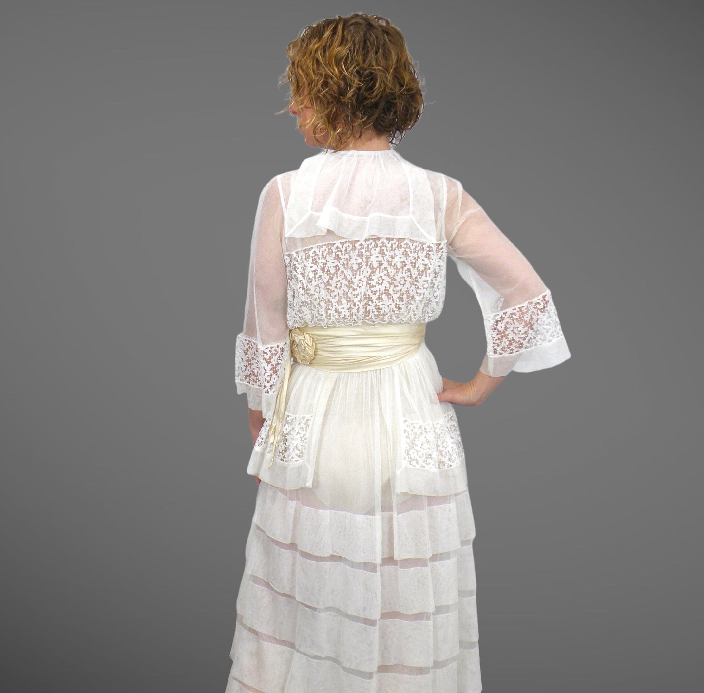 Antique 1910s Edwardian White Net Lace Tiered Dress with Silk Waistband, XXS