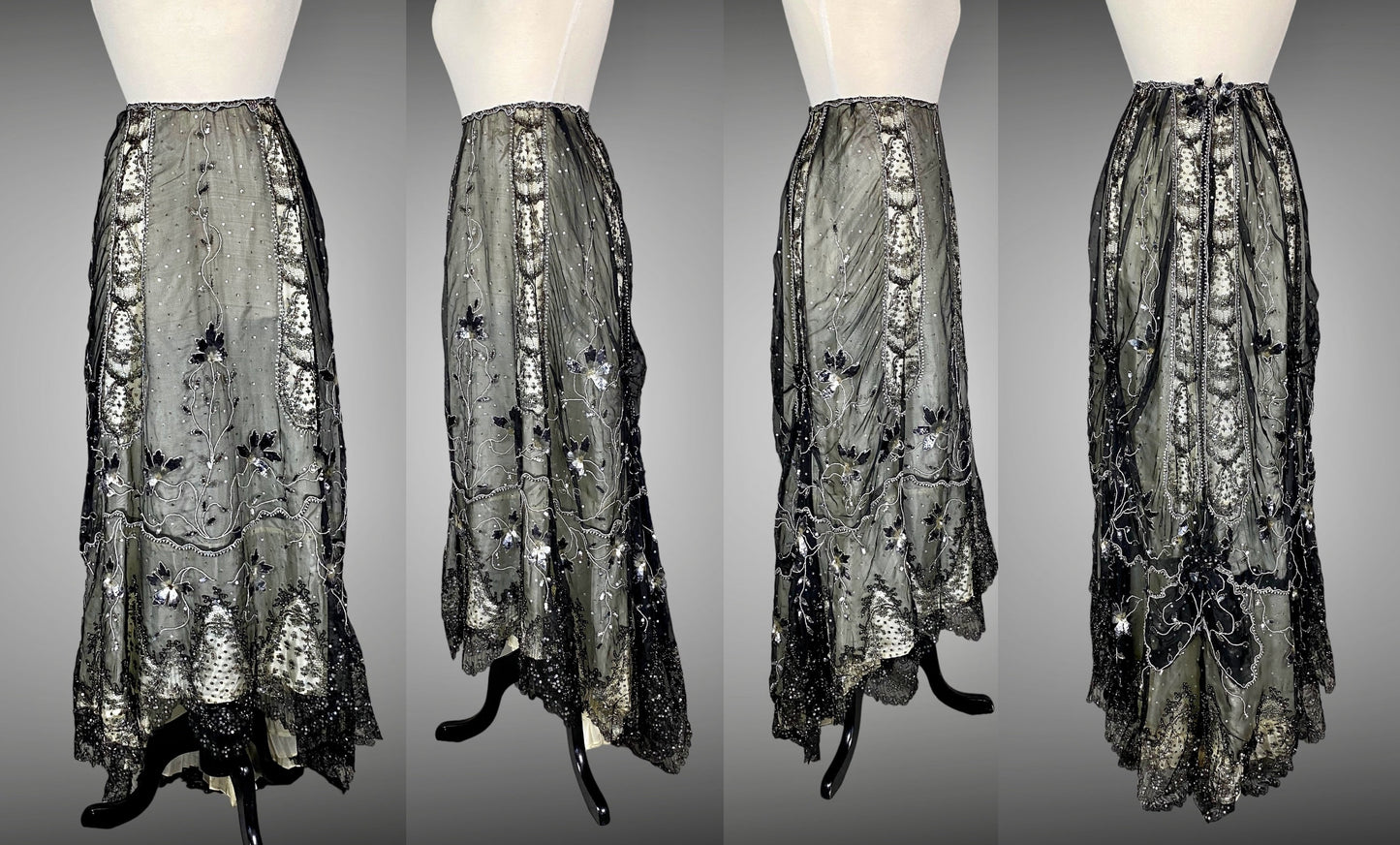 Antique Edwardian Early 1900s Sequined Silk Chantilly Lace Dress, Trained Skirt, Small