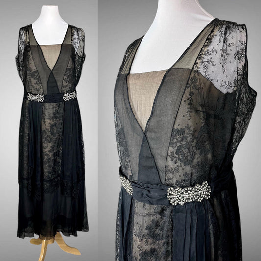 Vintage 1930s Black Silk Chiffon Chantilly Lace Evening Dress, Large