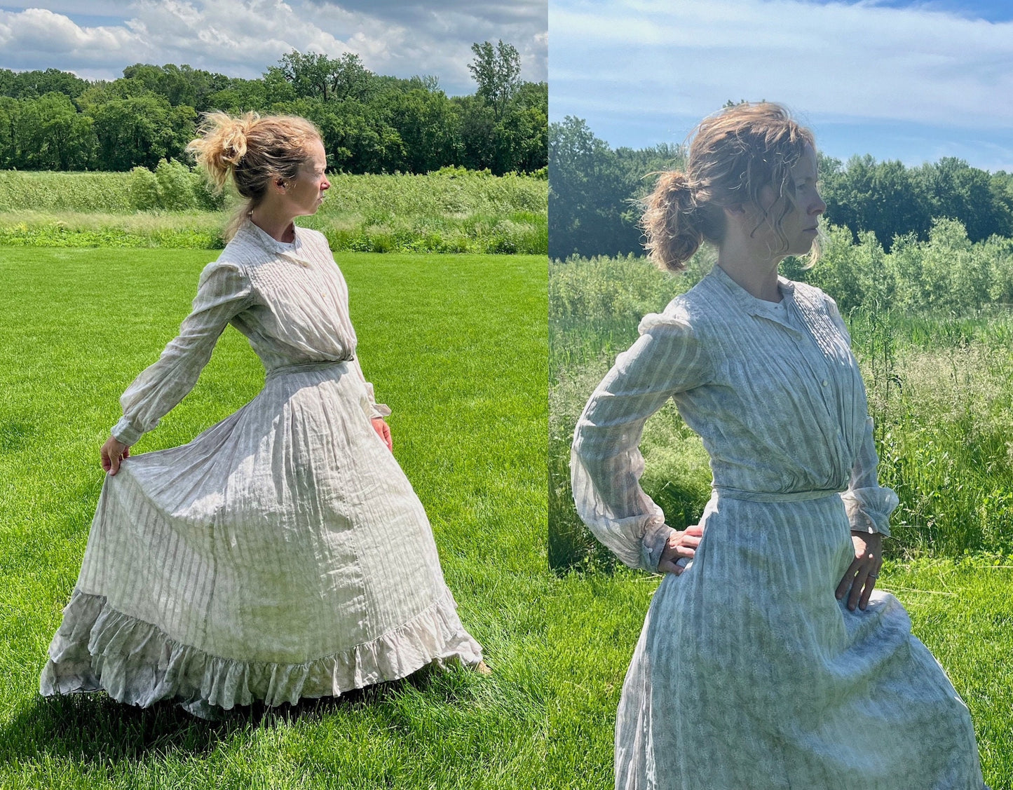 Antique Edwardian 1900s Printed Cotton Gibson Girl Dress, Tiered Skirt & Blouse Set, Small