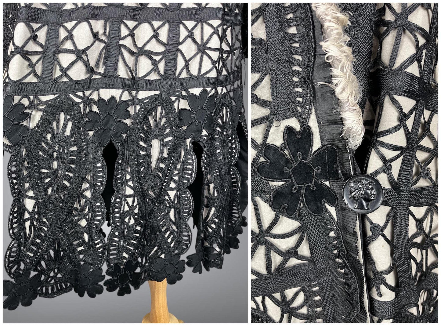 Late 1910s 1920s Feather Trim Wool Soutache Coat, L - XL