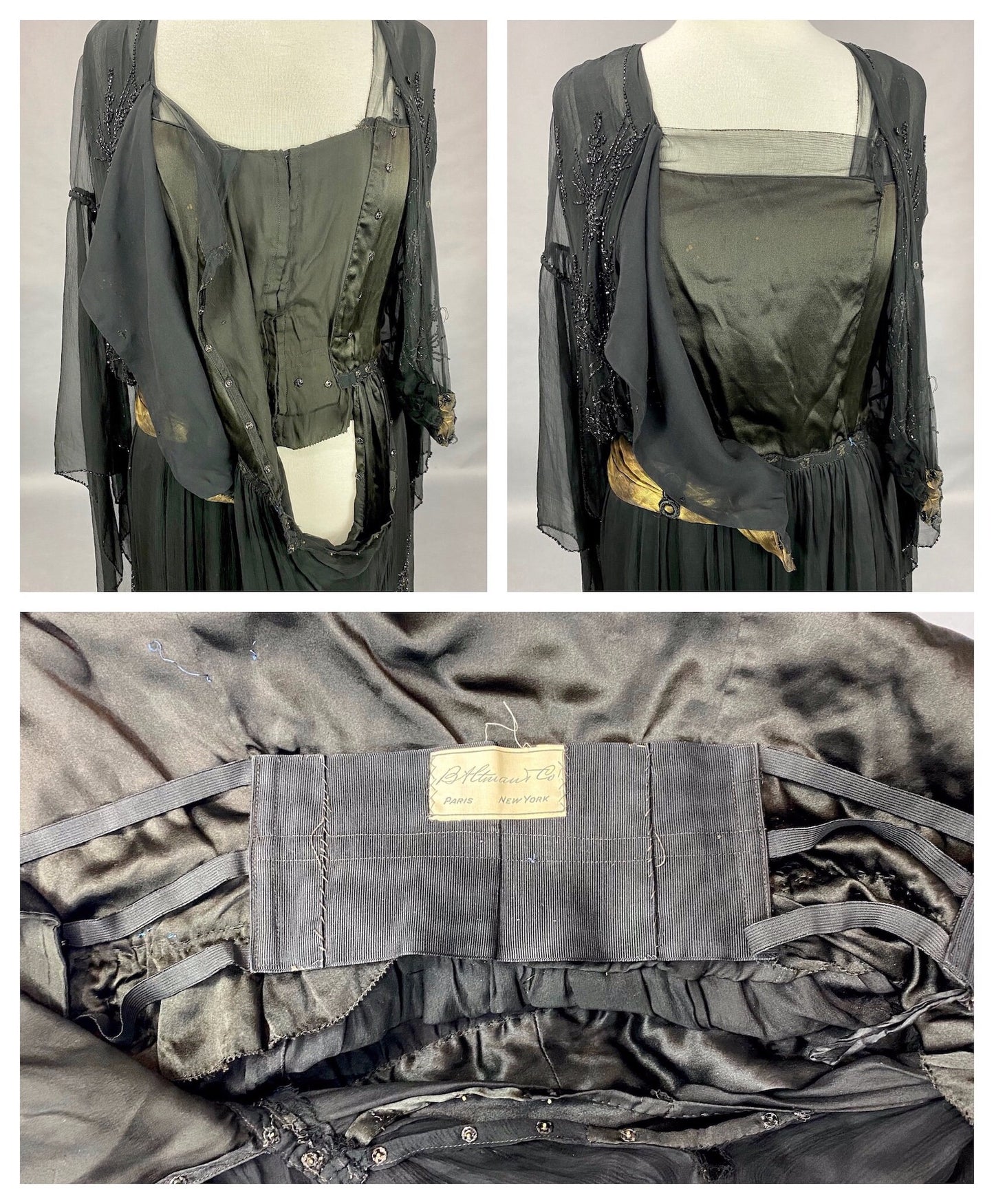 Antique Late 1910s–1920s Beaded Flapper Dress with Angel Wing Sleeves, B. Altman Black & Gold Lamé Jazz Age Gown, S–S/M