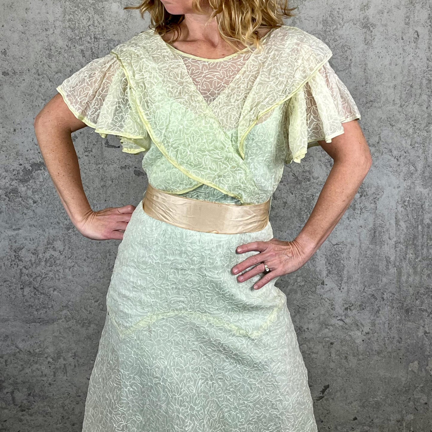 Vintage 1930s Sheer Green Organdy Gown, Embroidered Flutter Sleeve Art Deco Bias-Cut Dress, S / S-M
