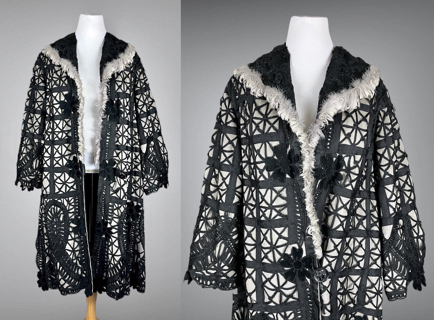 Late 1910s 1920s Feather Trim Wool Soutache Coat, L - XL
