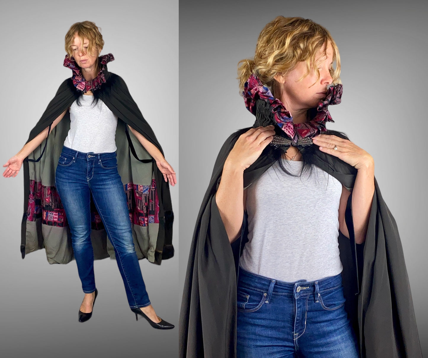 Vintage 1920s Geometric Batik Print Silk Opera Cape with Rhinestone Deco Clasp