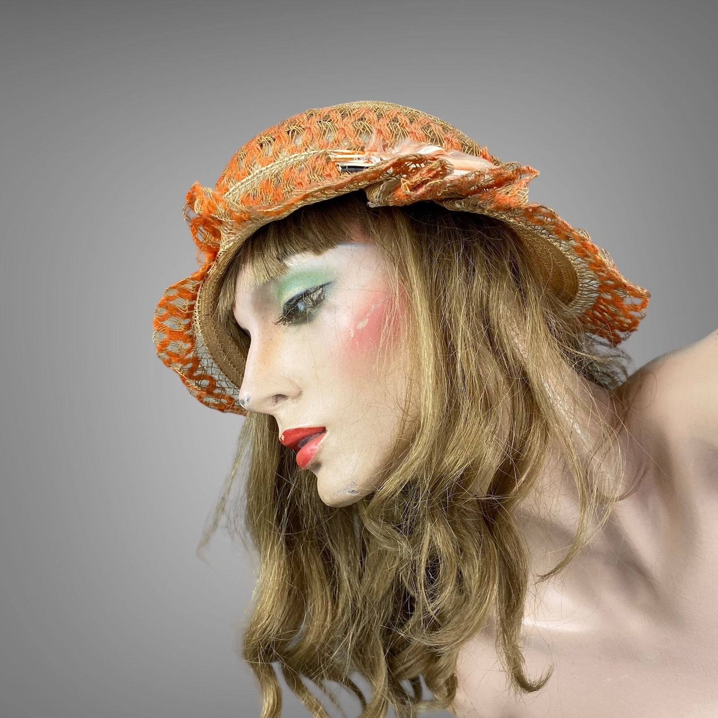 Vintage 1920s Orange Woven Straw and Horsehair Flapper Cloche Hat