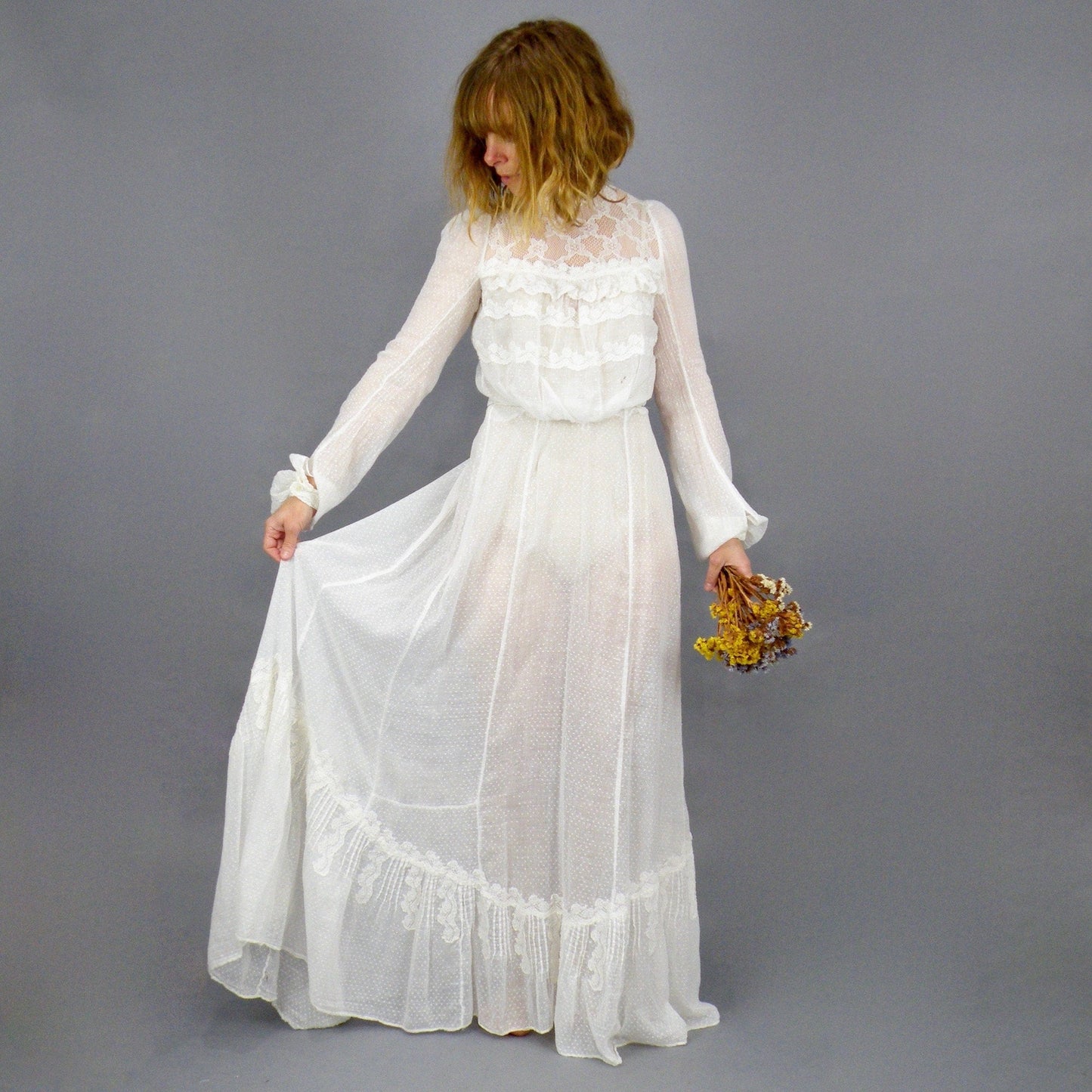 Antique Edwardian 1900s Gibson Girl White Cotton Swiss Dot Lace Dress, 2-Piece, XXS - XS