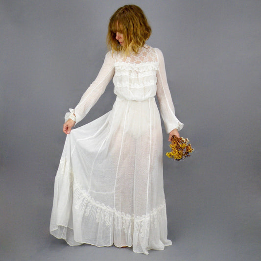 Antique Edwardian 1900s Gibson Girl White Cotton Swiss Dot Lace Dress, 2-Piece, XXS - XS