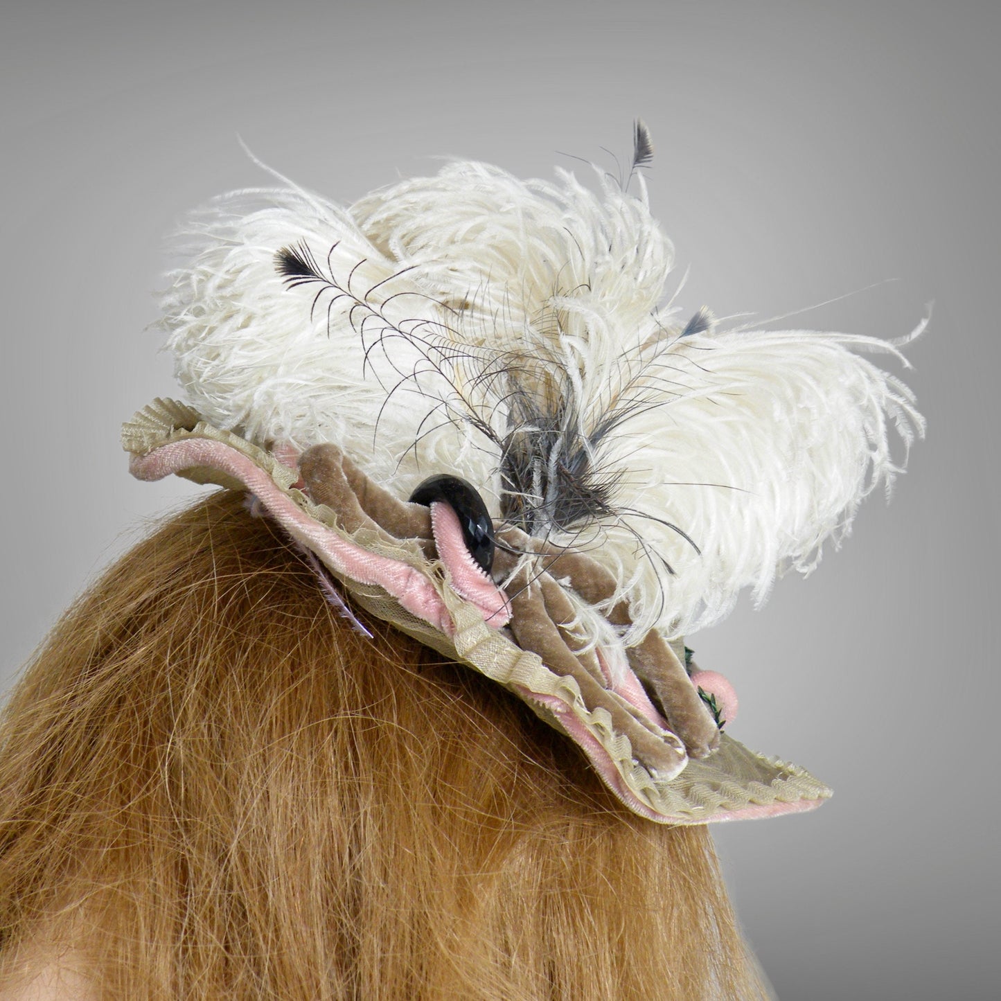 Vintage 1940s Ostrich Feather Fascinator Hat with Sequins & Velvet Trim, 40s Mini Perch Hat