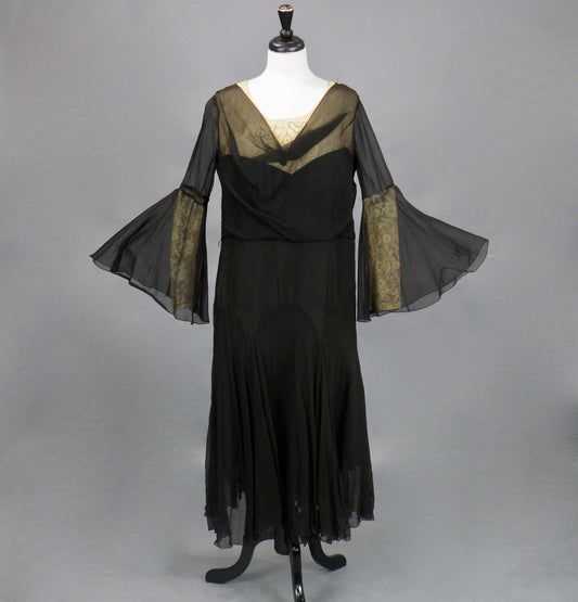 Vintage Late 1920s–1930s Sheer Black Silk Lace Bell Sleeve Art Deco Dress, Large