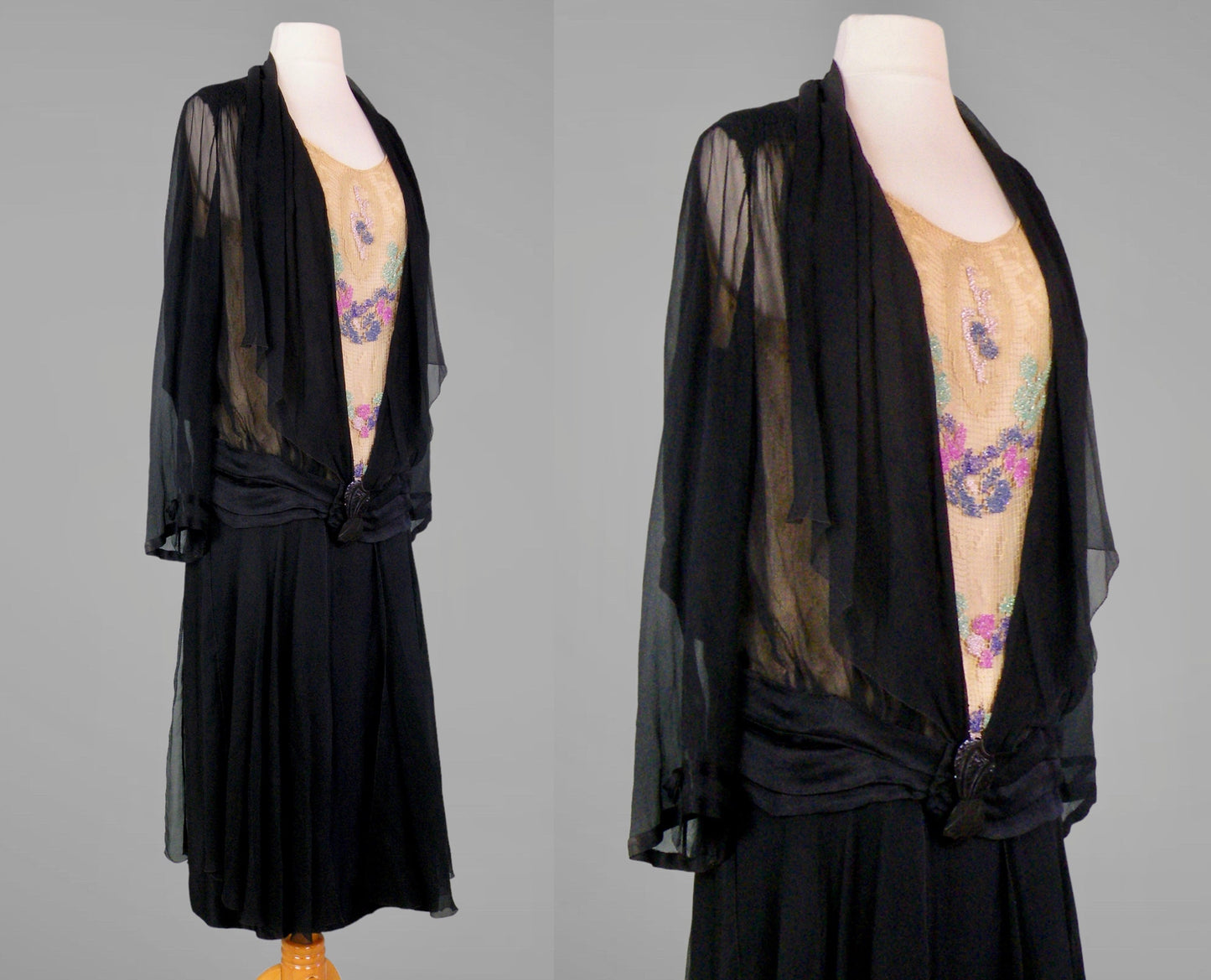 Vintage 1920s Beaded Net & Silk Dress, Art Deco Evening Gown, S/M - Medium