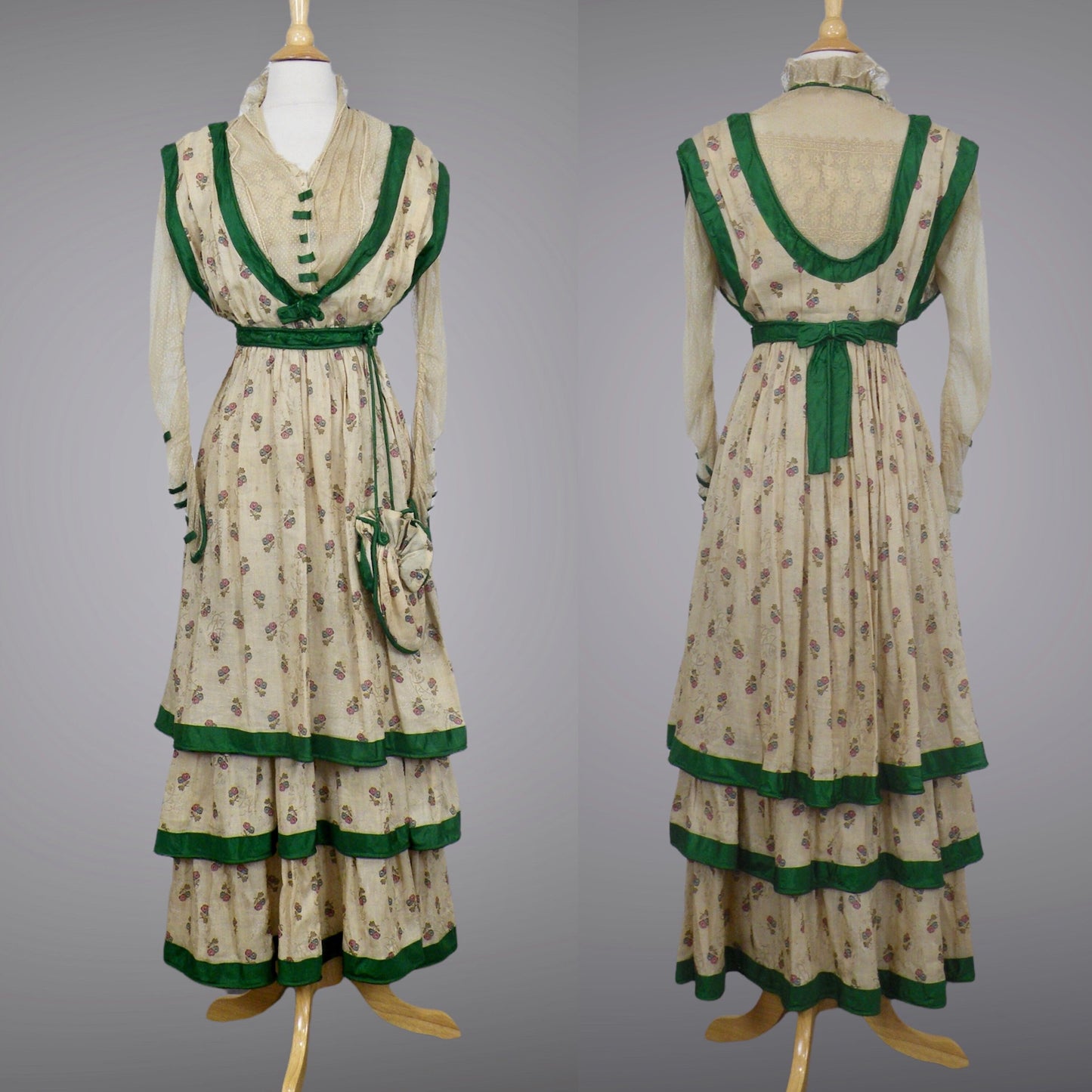 Antique 1900s Edwardian Floral Print Dress with Green Silk Trim & Matching Reticule Purse, XS