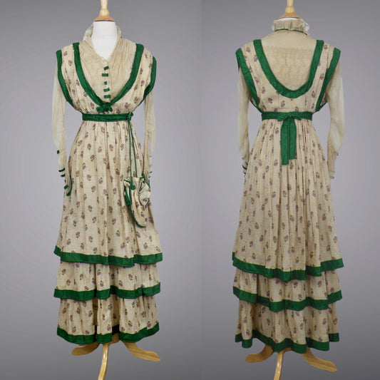 Antique 1900s Edwardian Floral Print Dress with Green Silk Trim & Matching Reticule Purse, XS