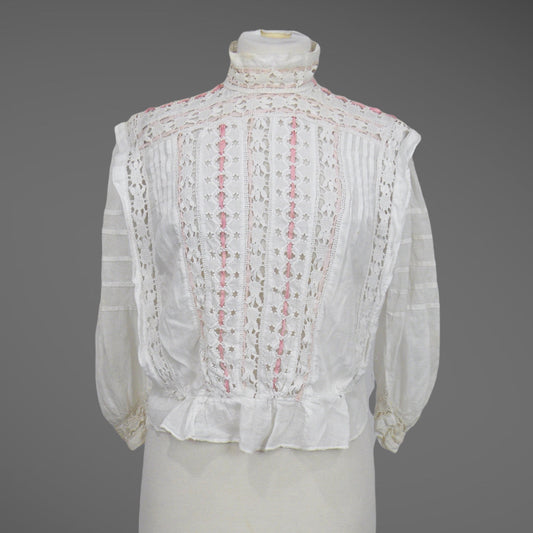Antique 1900s Edwardian White Cotton Lace Blouse with Embroidered Eyelet Cutouts & Ribbon, S/M