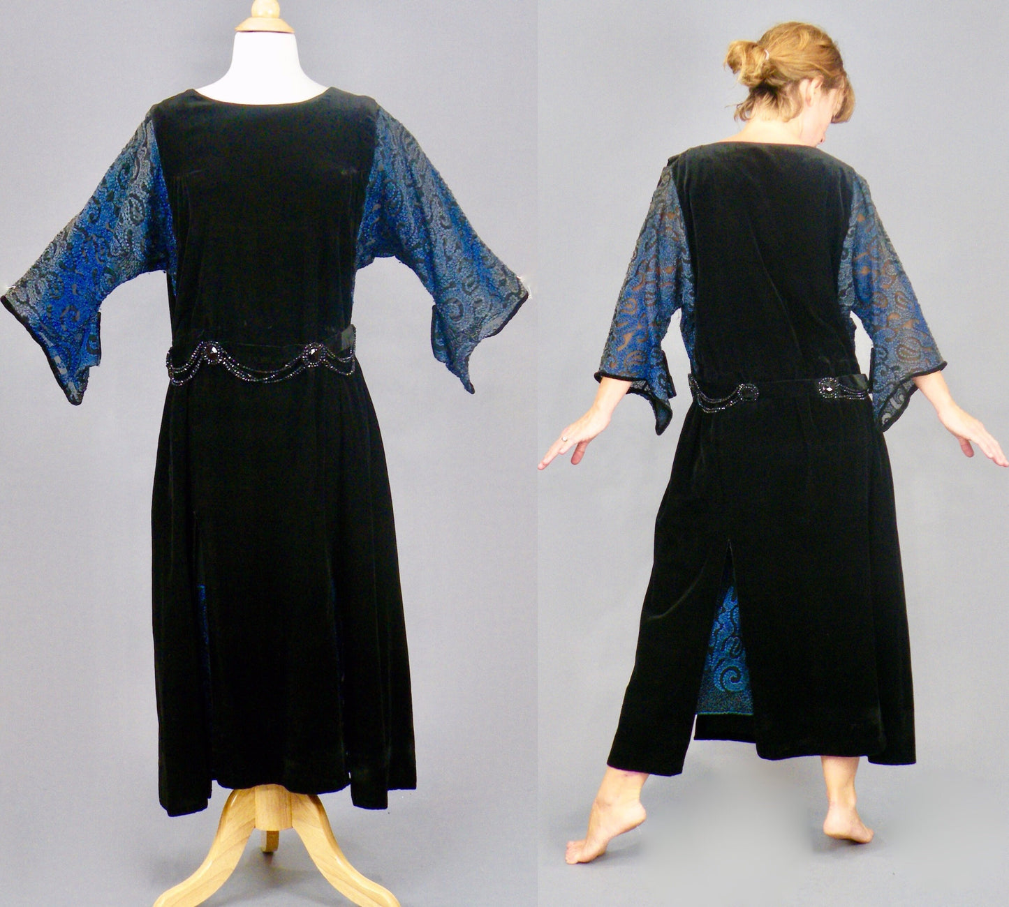 Antique Late 1910s–1920s Velvet Embroidered Flapper Dress with Sheer Sleeves, S–M