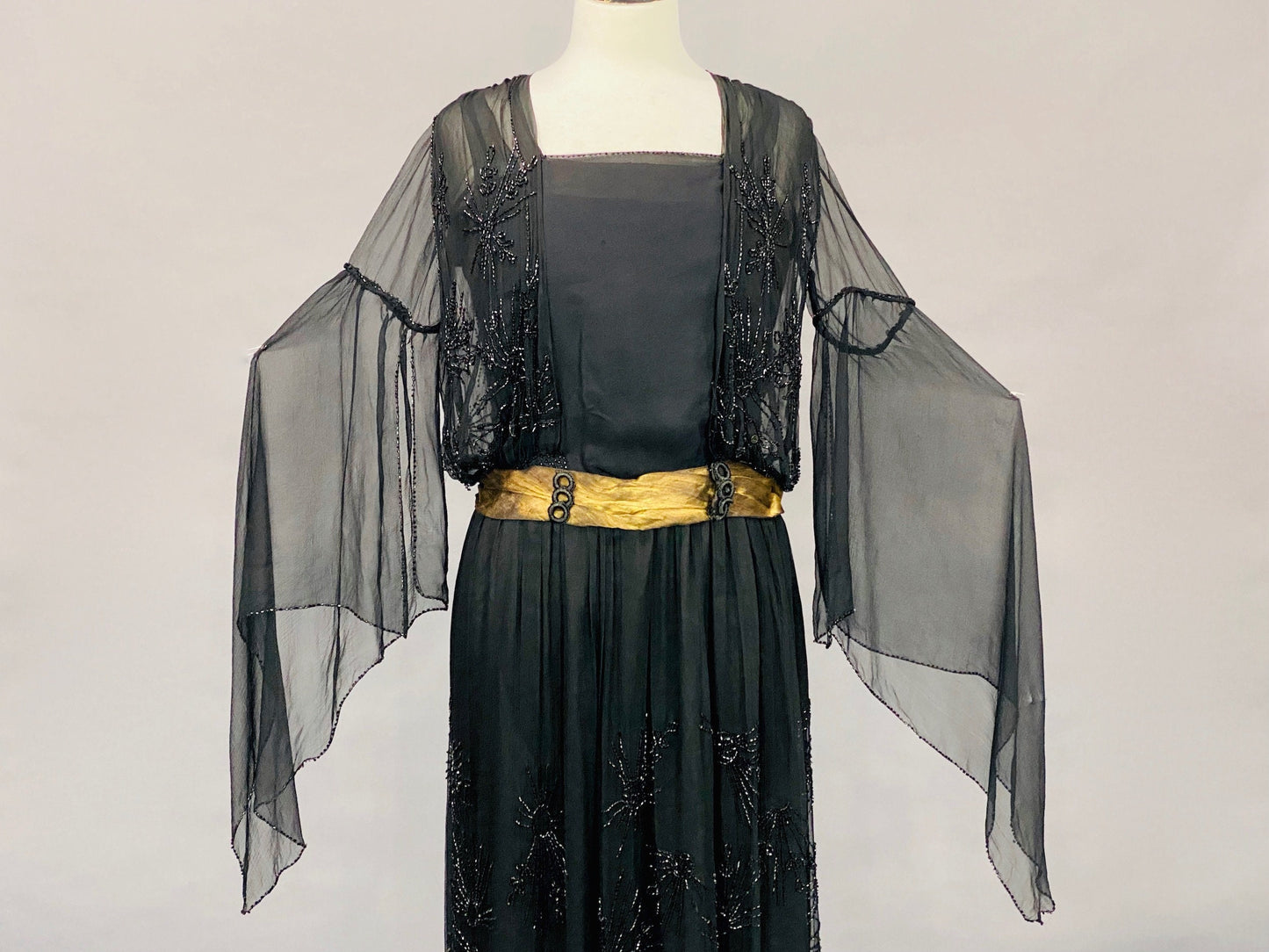 Antique Late 1910s–1920s Beaded Flapper Dress with Angel Wing Sleeves, B. Altman Black & Gold Lamé Jazz Age Gown, S–S/M