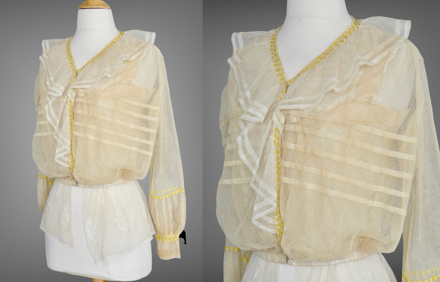 Antique 1900s Edwardian Net Lace Blouse with Yarn Embroidery & Lace Camisole, 36" Bust, S–M