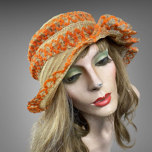 Vintage 1920s Orange Woven Straw and Horsehair Flapper Cloche Hat