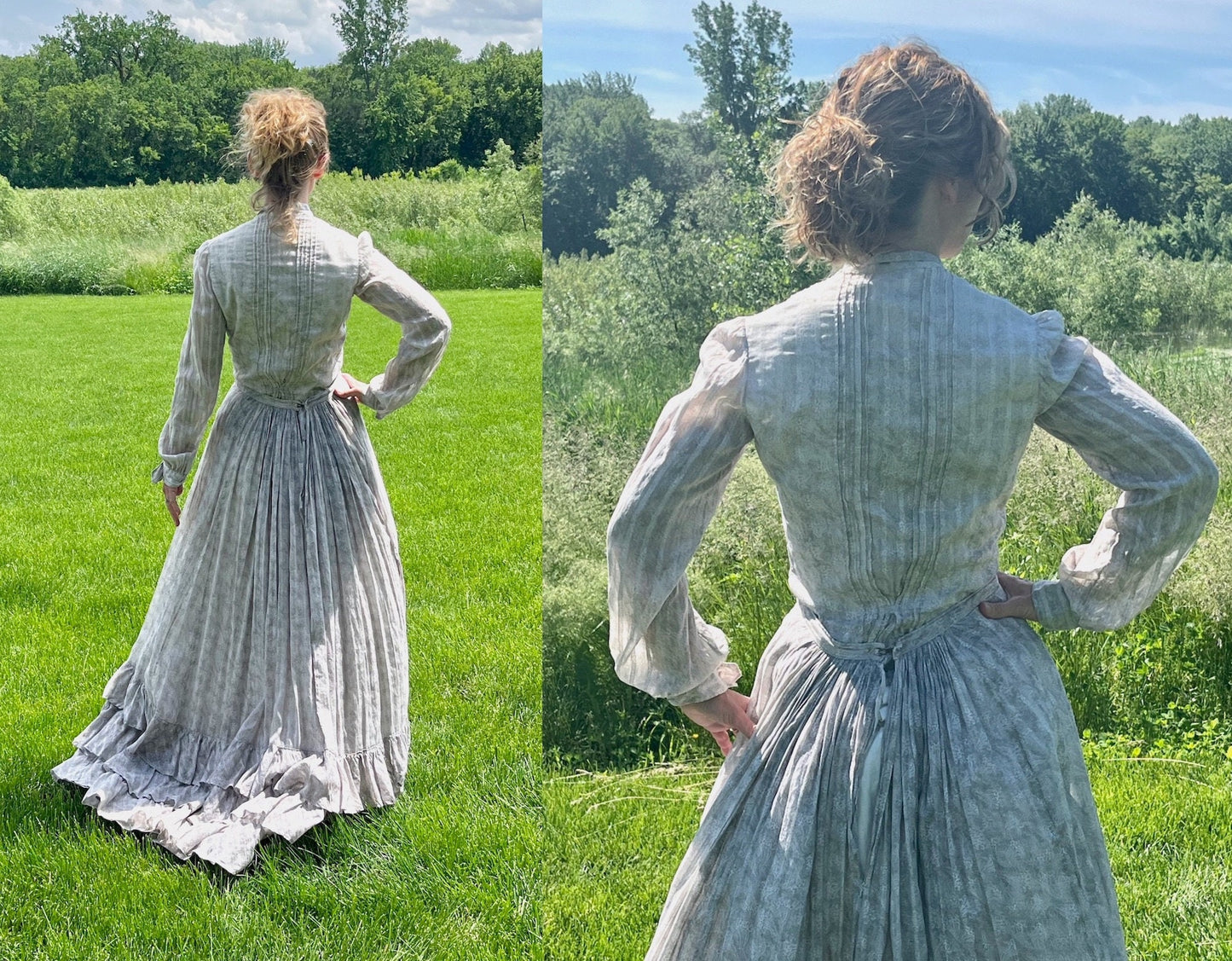 Antique Edwardian 1900s Printed Cotton Gibson Girl Dress, Tiered Skirt & Blouse Set, Small