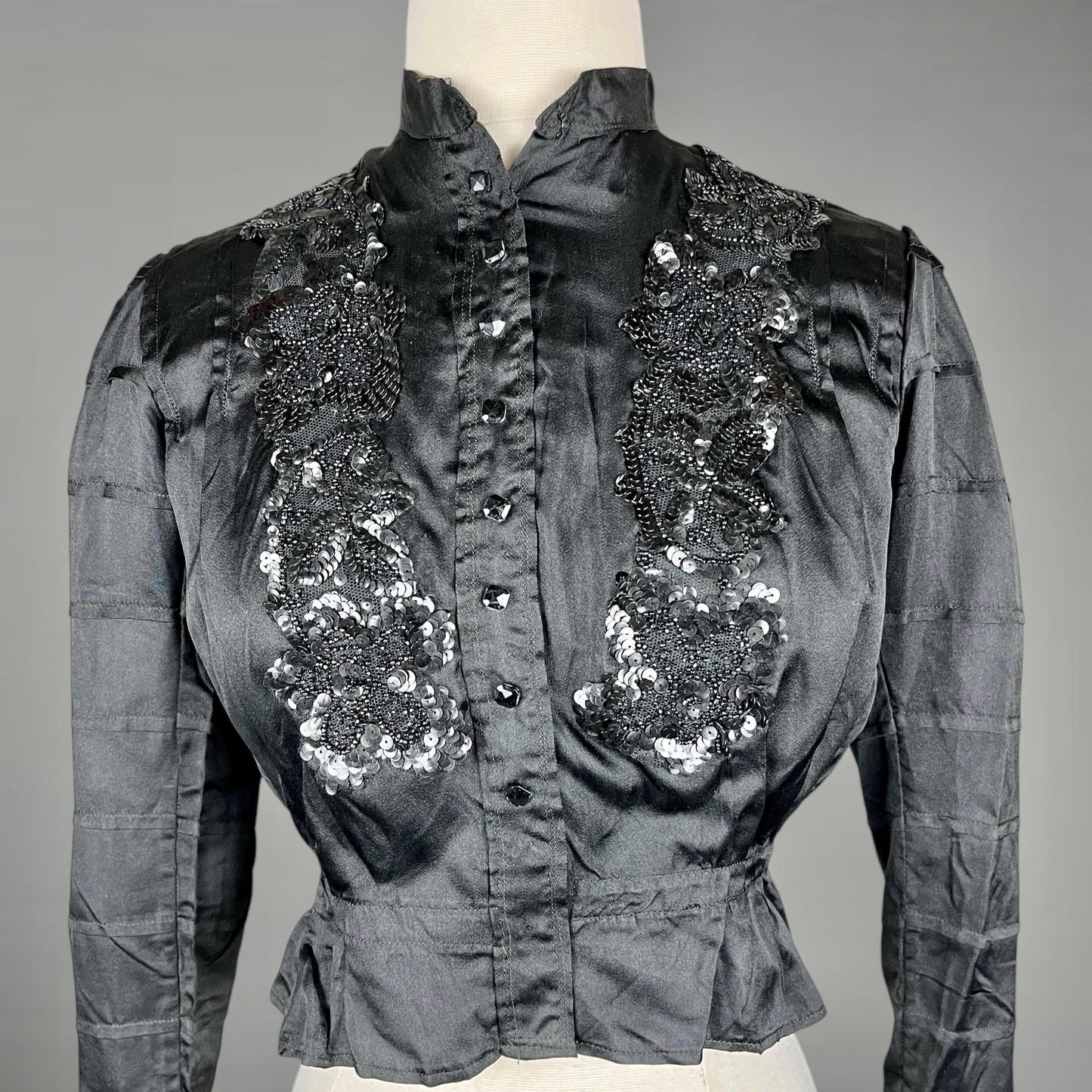 Antique Edwardian 1900s Beaded & Sequined Black Silk Blouse, XS–S