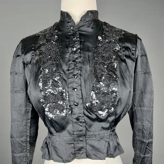 Antique Edwardian 1900s Beaded & Sequined Black Silk Blouse, XS–S