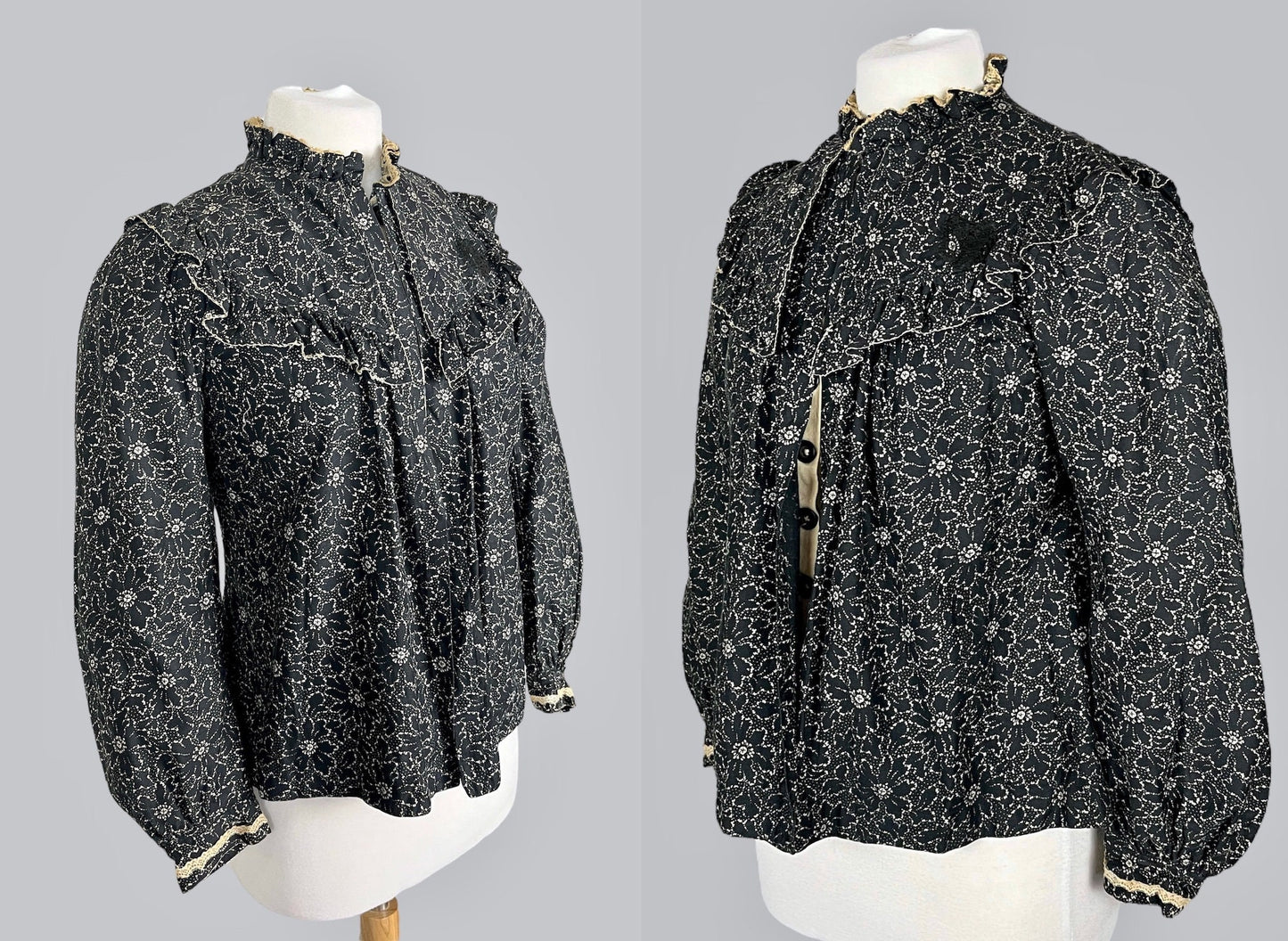 Antique 1890s–1900s Floral Cotton Print Victorian Prairie Blouse with Lace Appliqué, S/M–M