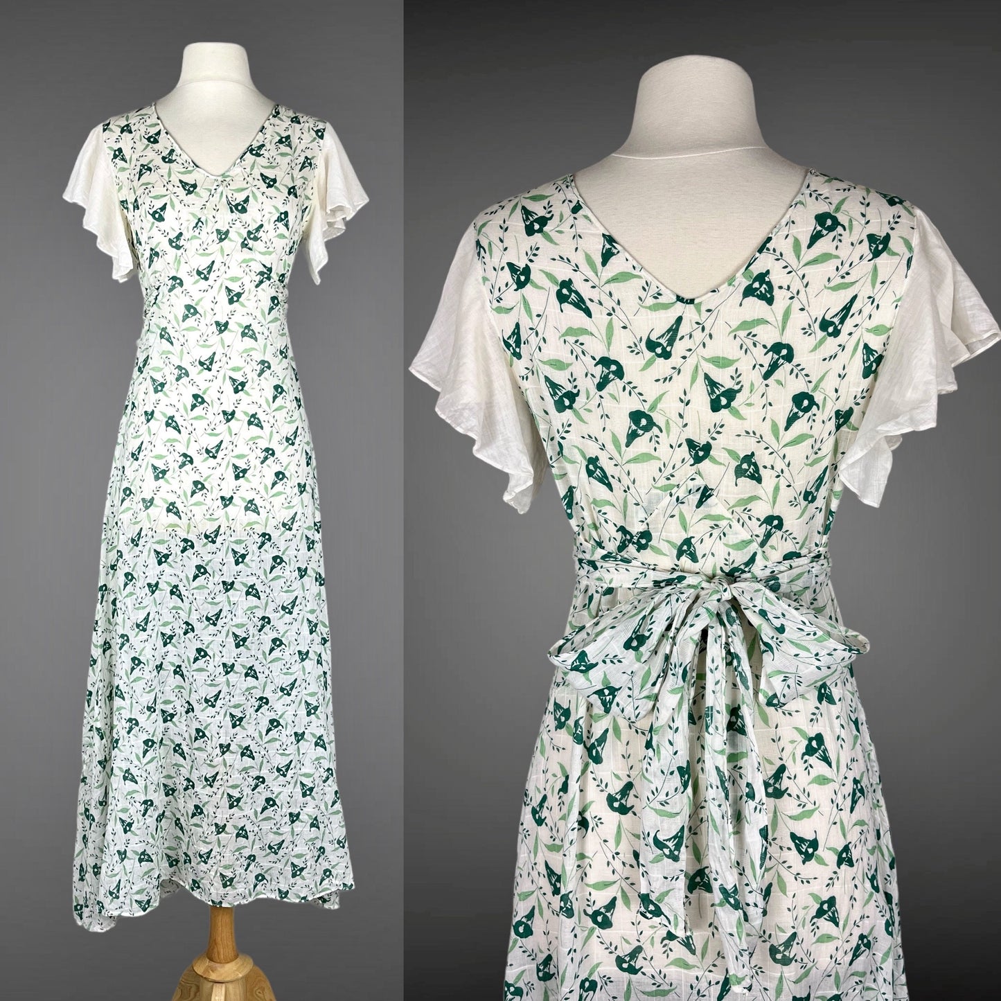Vintage 1930s Green Floral Bias Cut Flutter Sleeve Dress and Cape, XS