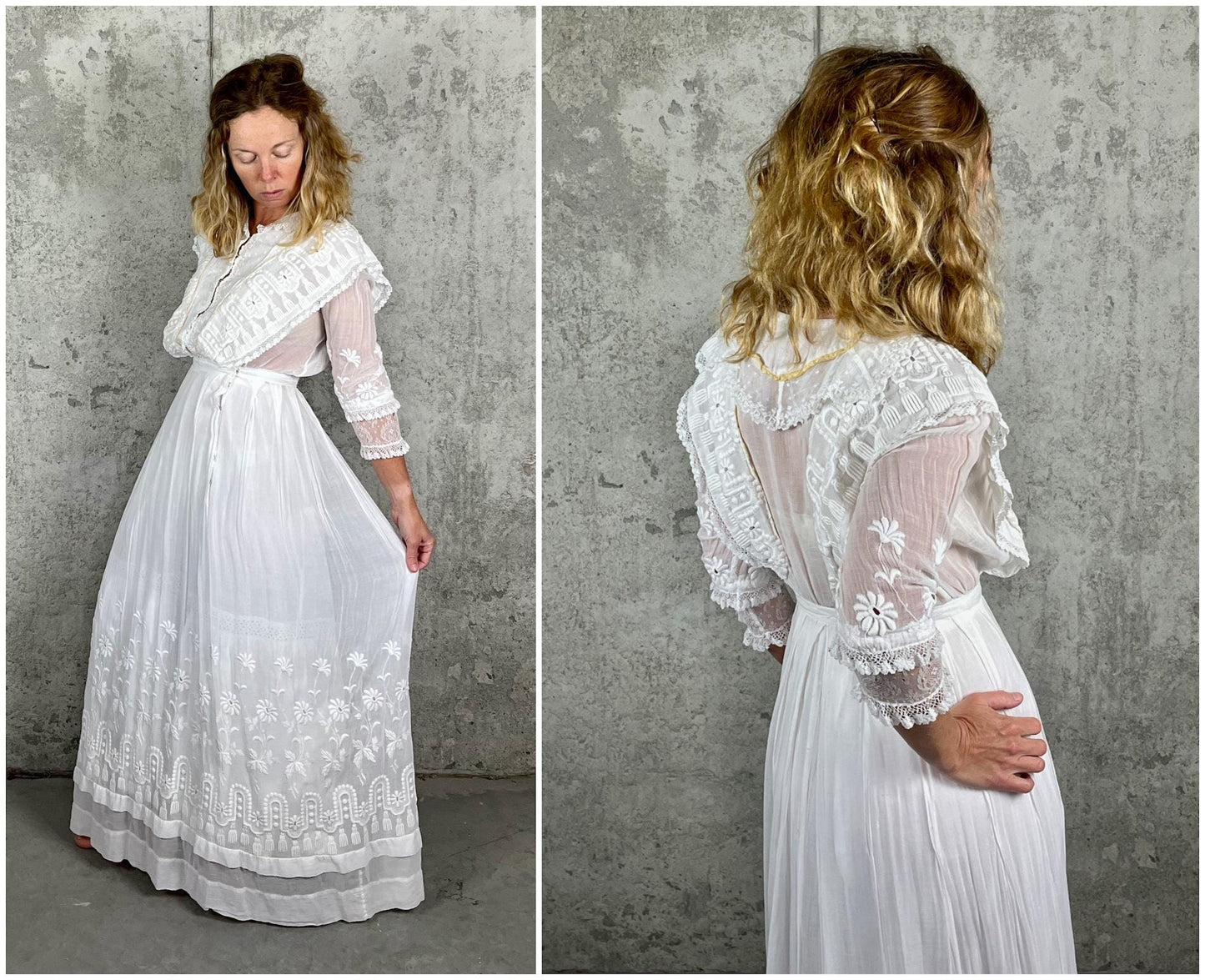 Edwardian 1900s White Cotton Gauze Lingerie Dress with Floral Net & Mother-of-Pearl Buttons, XS