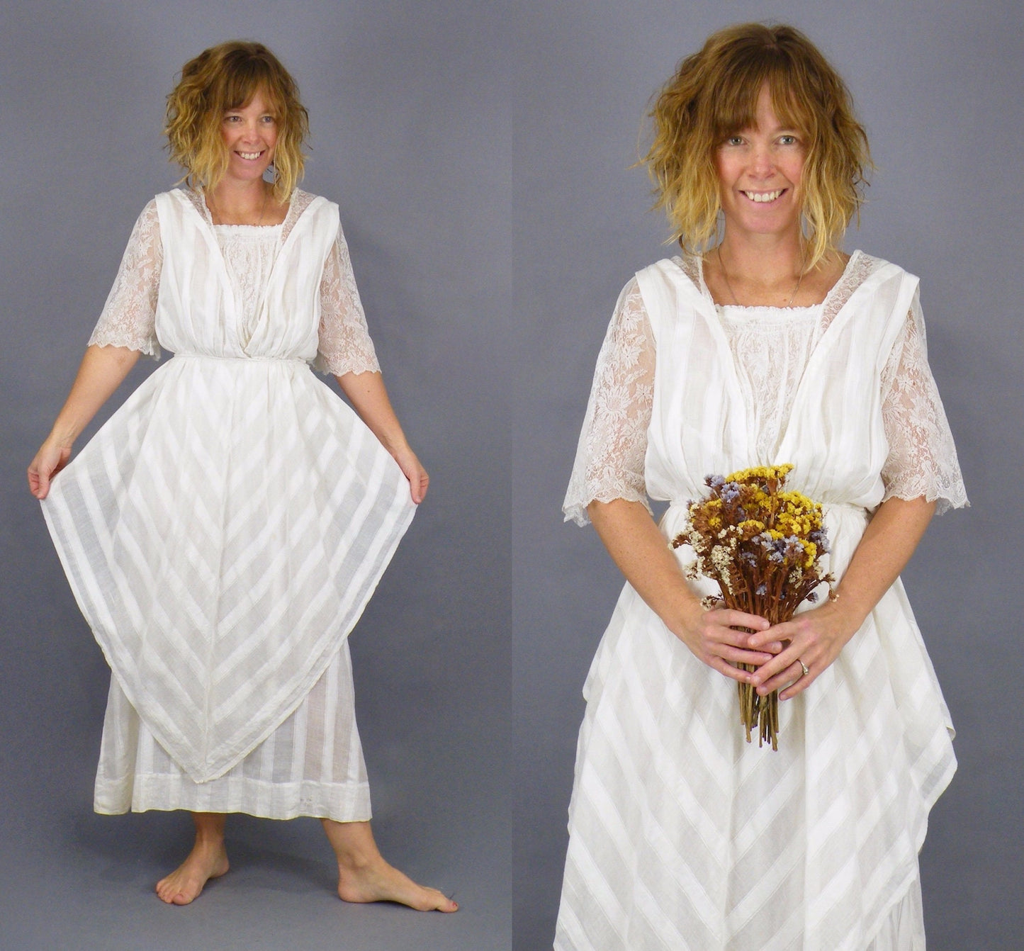 Antique 1900s Edwardian Tea Dress in Striped White Cotton with Lace, XS