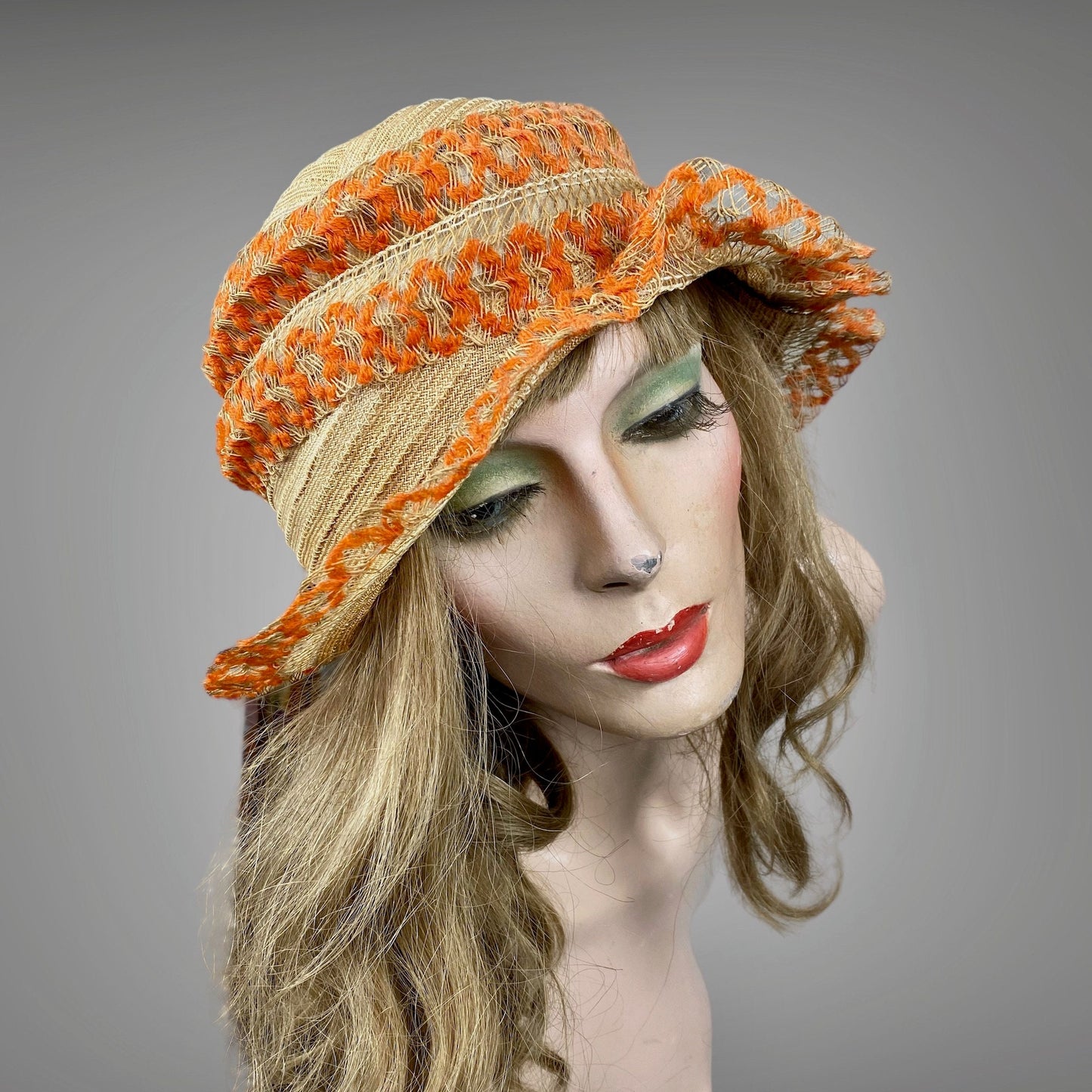 Vintage 1920s Orange Woven Straw and Horsehair Flapper Cloche Hat