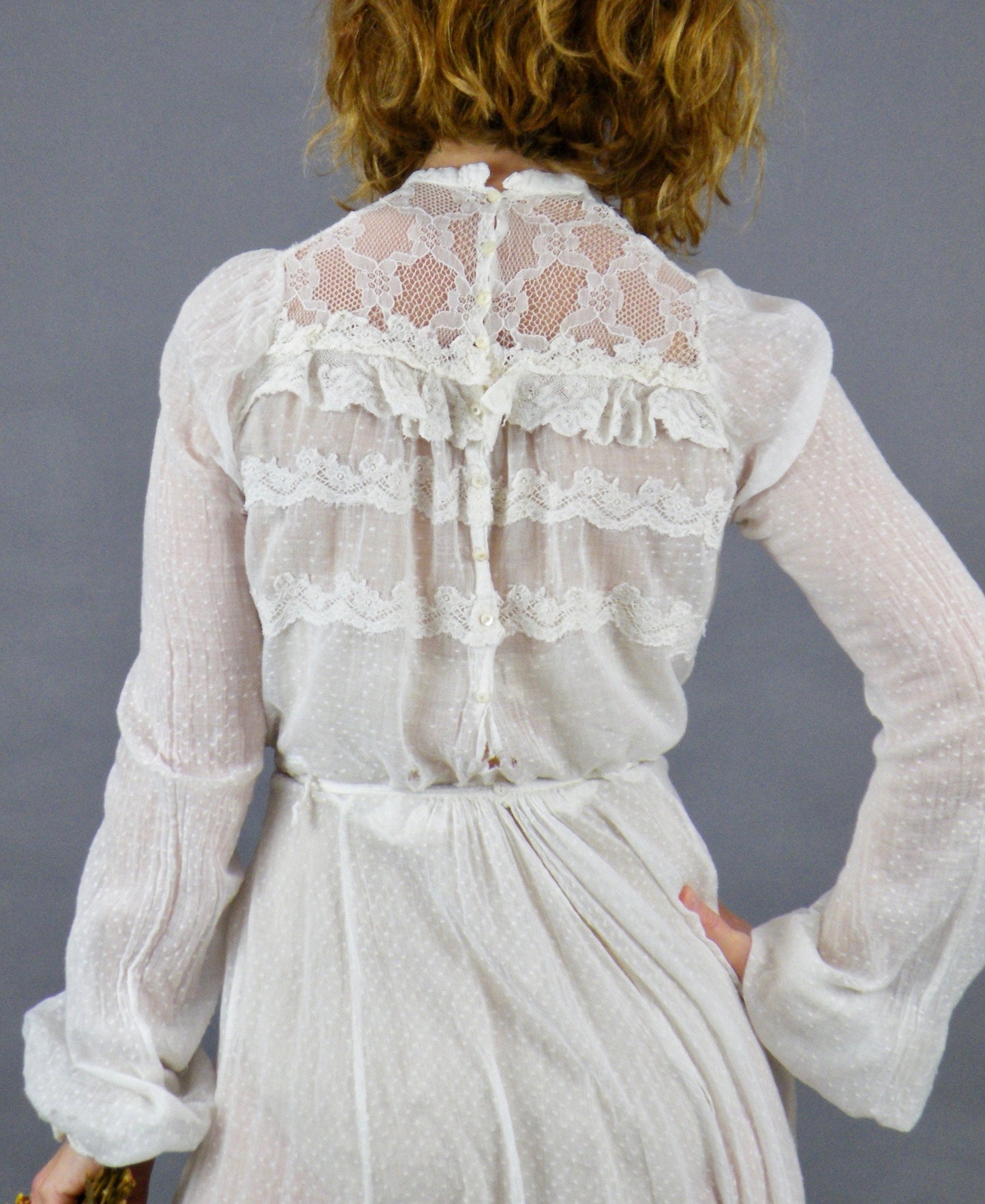 Antique Edwardian 1900s Gibson Girl White Cotton Swiss Dot Lace Dress, 2-Piece, XXS - XS