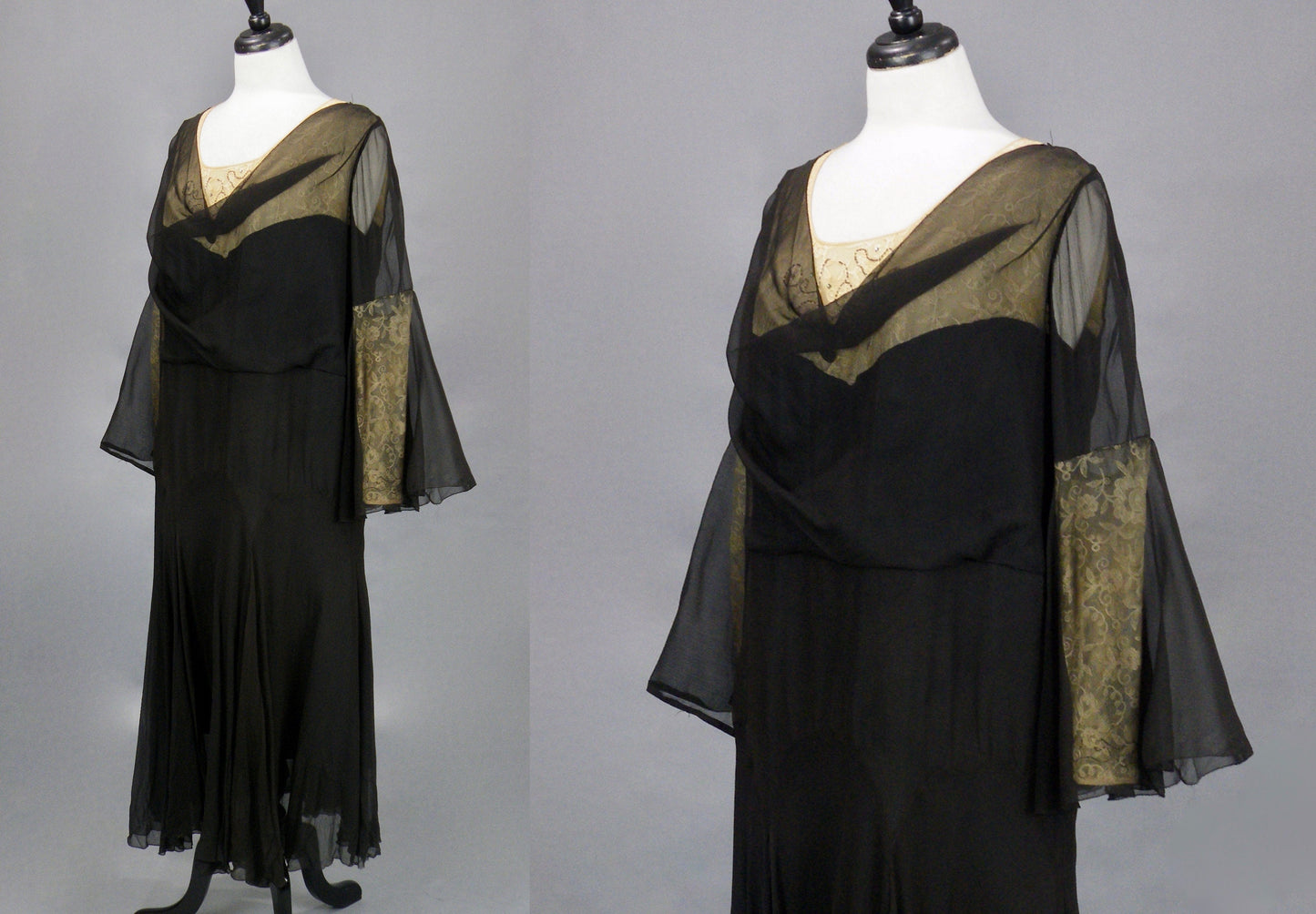 Vintage Late 1920s–1930s Sheer Black Silk Lace Bell Sleeve Art Deco Dress, Large