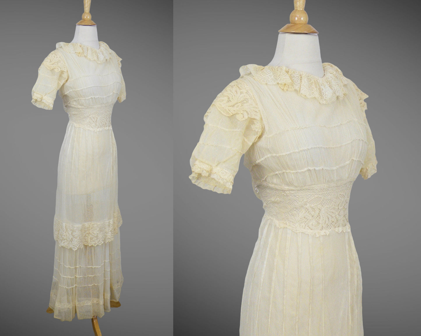 1910s Antique Cream Net Lace Edwardian Dress, XXS - XS