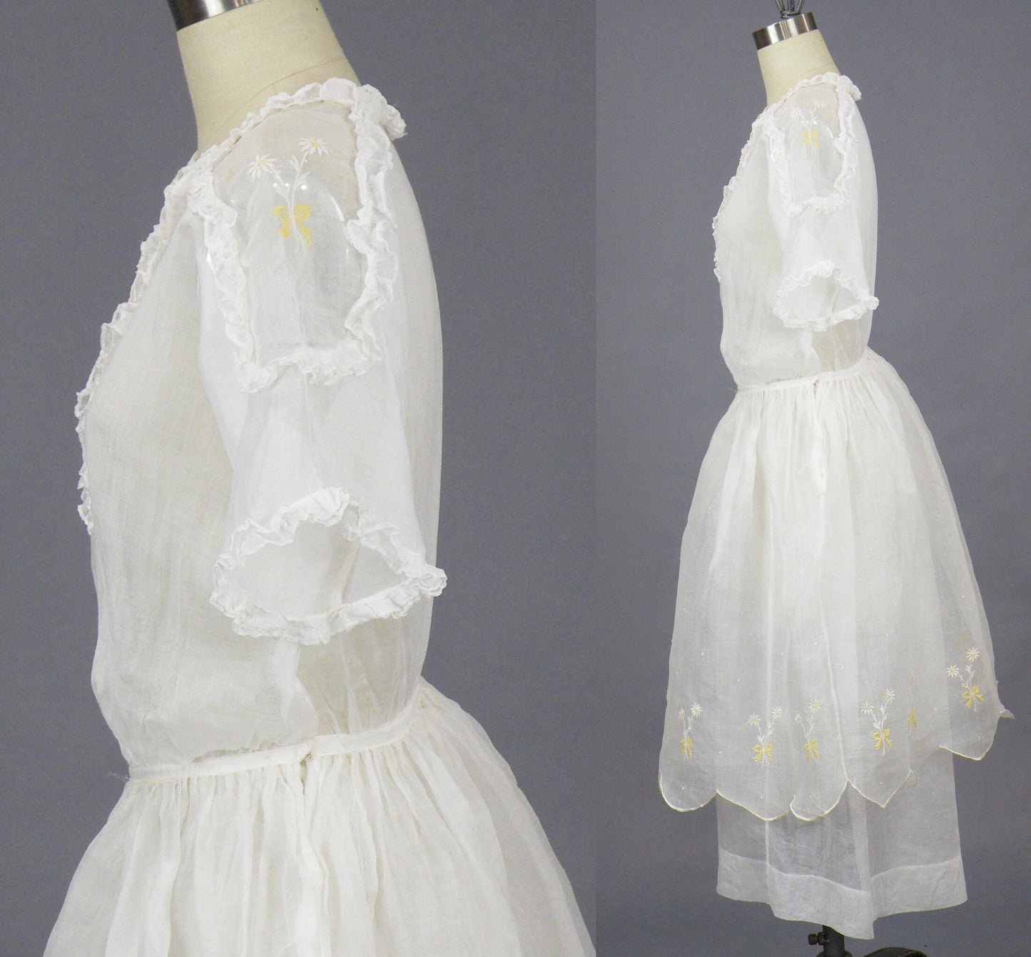 Antique Late 1910s–1920s White Embroidered Organdy Summer Dress, 2-Piece, XS 25" Waist