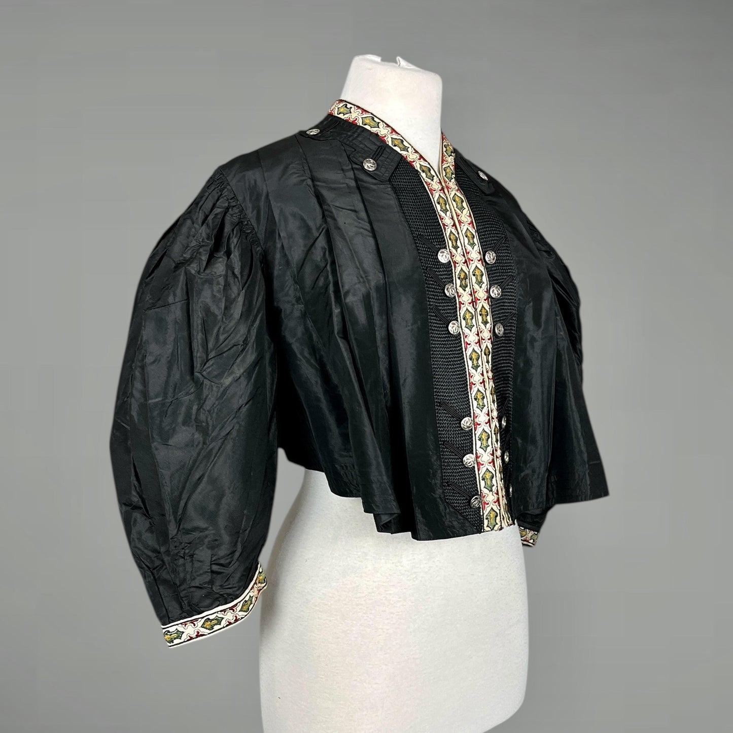 Antique 1900s Edwardian Black Silk Eton Jacket with Embroidered Trim, Folk-Influenced Historic Costume, M–L
